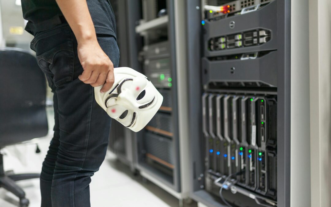 Cybersecurity Checklist! Person holding mask near servers
