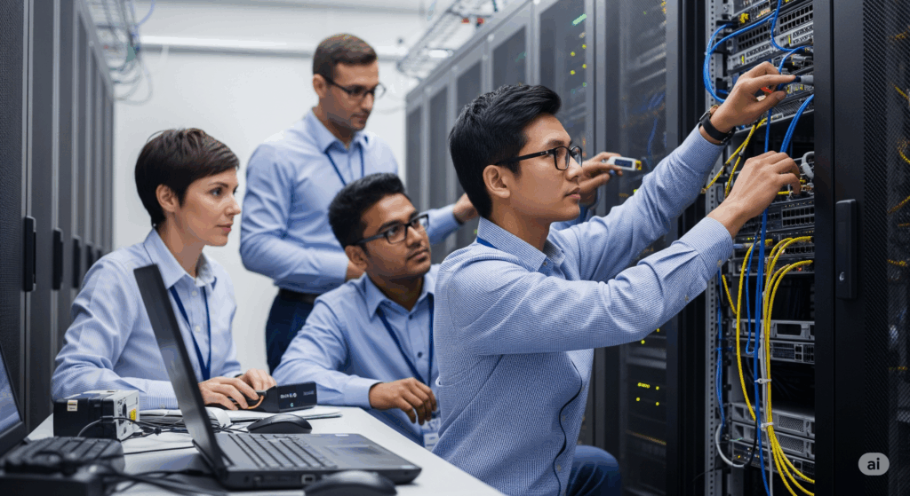 Network Design Services in Ventura. Technicians working on server equipment.
