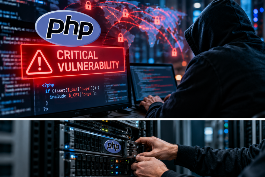 PHP Vulnerability 2026. PHP vulnerability alert with hacker imagery