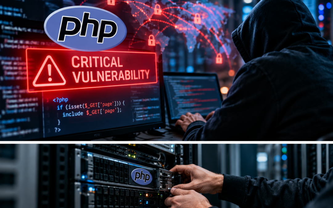 PHP Vulnerability 2026. PHP vulnerability alert with hacker imagery