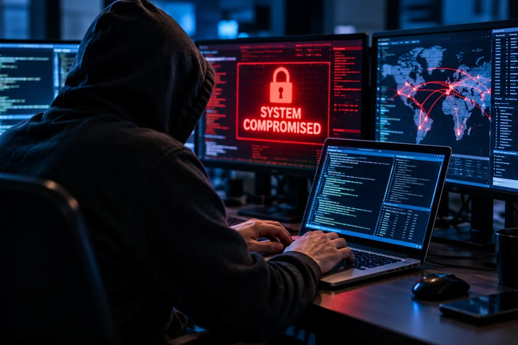 UNM Health Cybersecurity Incident. Hacker at computer with warning alerts