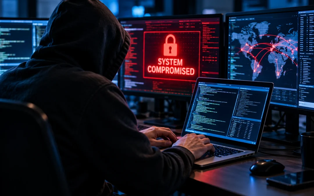 UNM Health Cybersecurity Incident. Hacker at computer with warning alerts