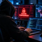 UNM Health Cybersecurity Incident. Hacker at computer with warning alerts