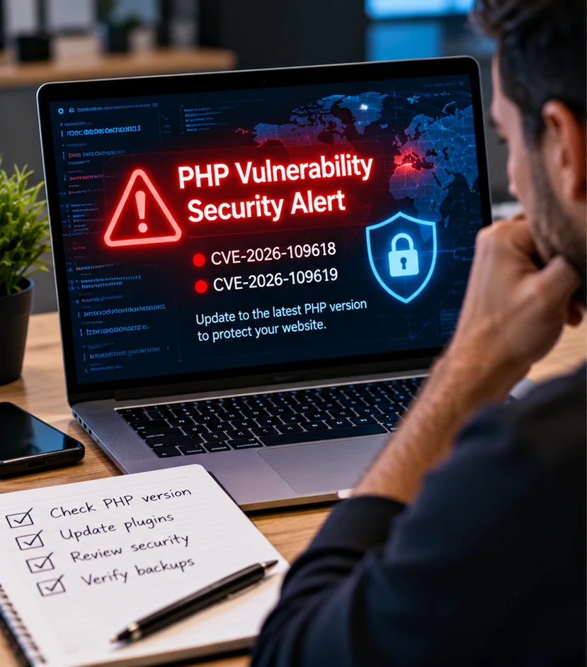 PHP security alert on laptop screen